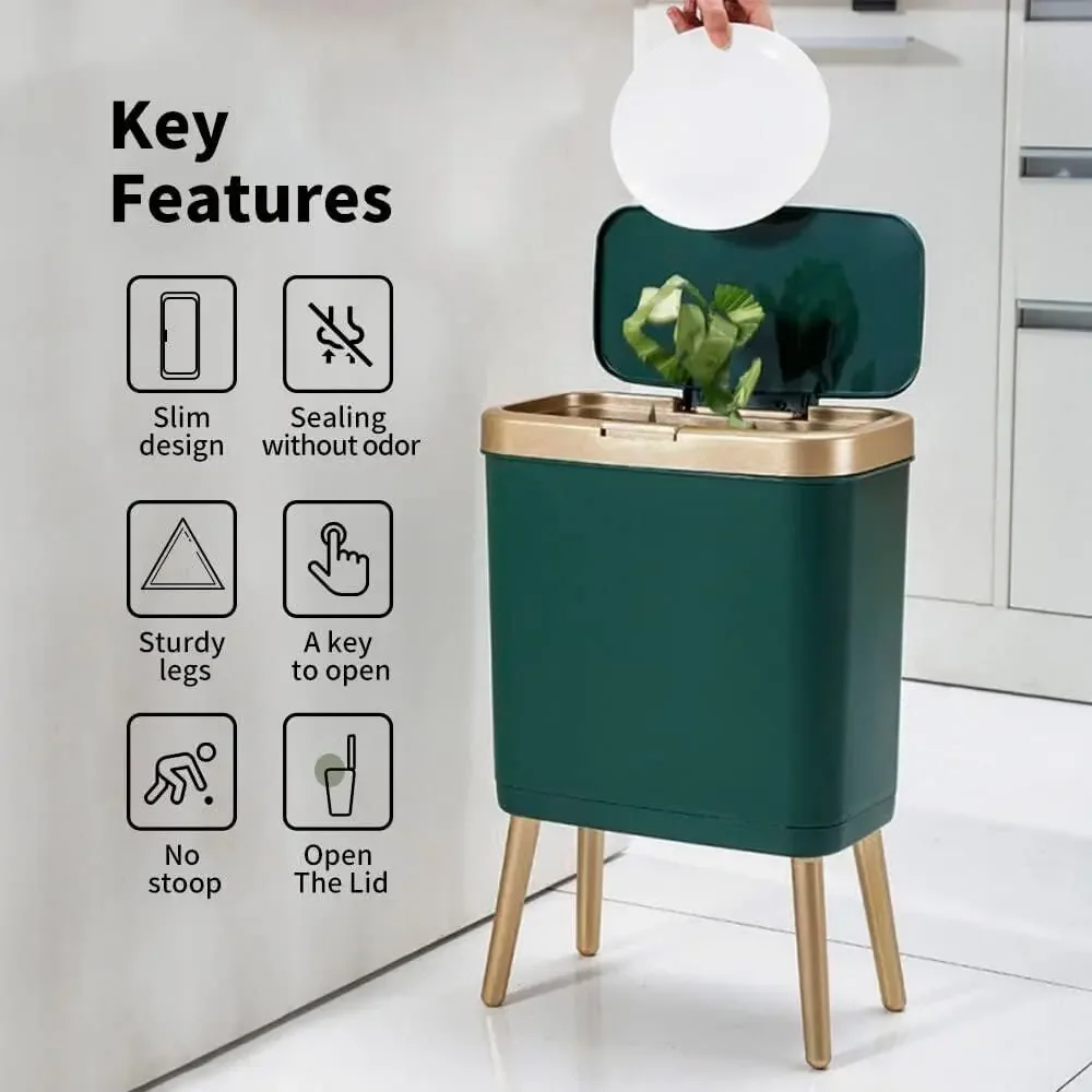 Small Trash Can with Lid 4 Gallon Push Button Waste Bin Gold Edge Bathroom